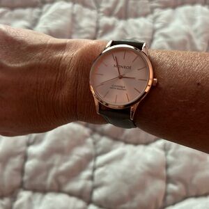Rose gold watch with gray band by Monroe